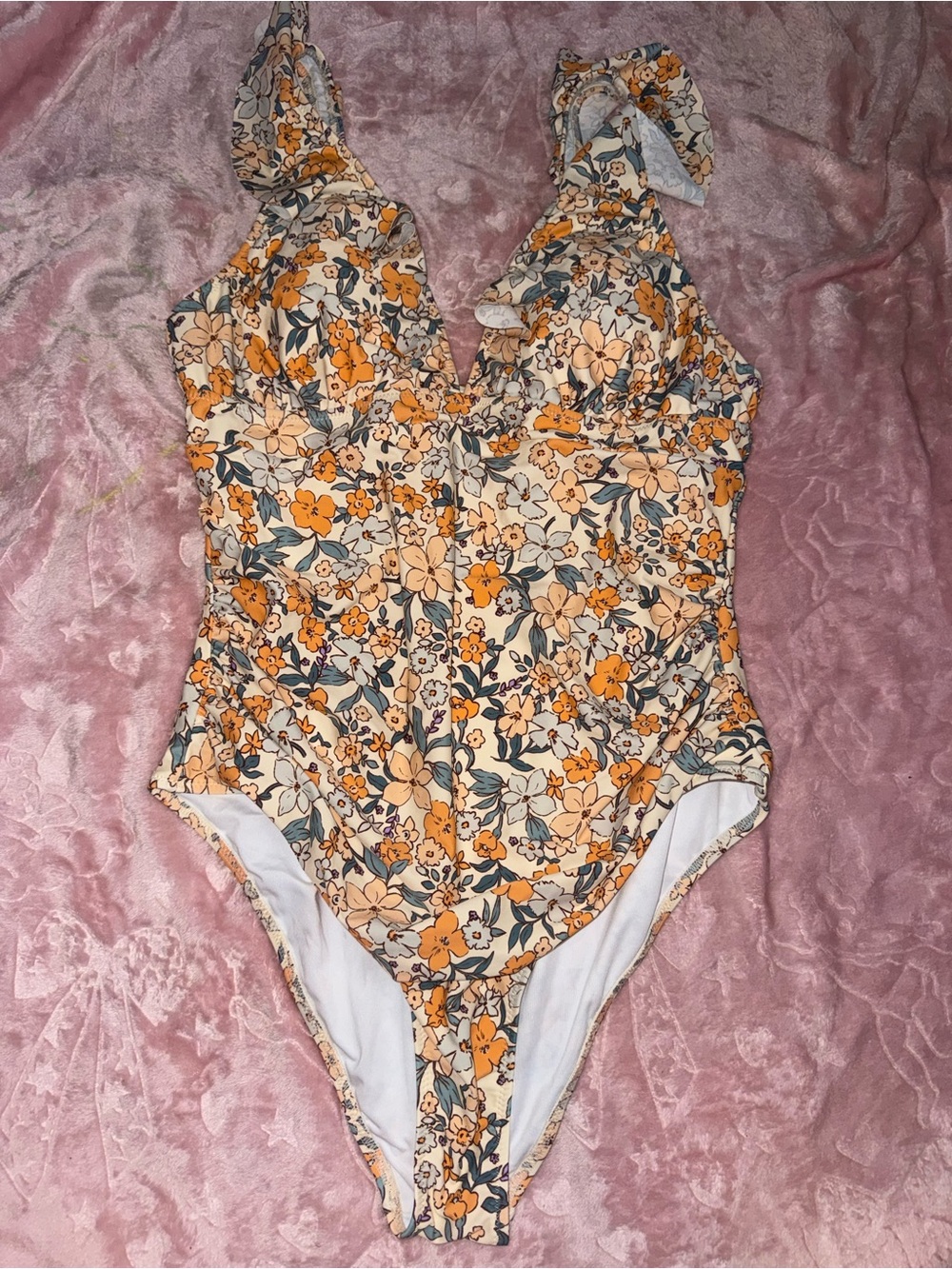 Floral Ruffle-Strap One-Piece Swimsuit in Peach Floral